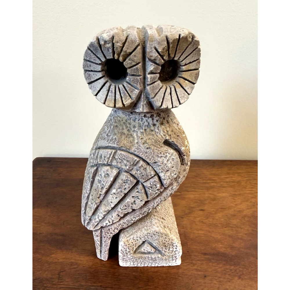 Vintage Hand Carved Stone Owl Sculpture Figurine Brutalist Tribal Style 8”